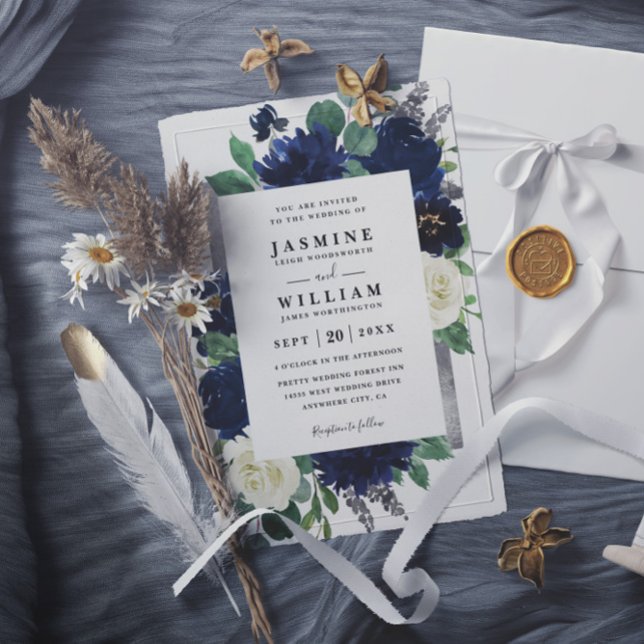 Navy Blue and Silver Floral QR Code Wedding Invitation (Creator Uploaded)