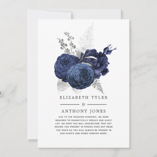 Navy Blue and Silver Floral Reduced Wedding Guest Announcement