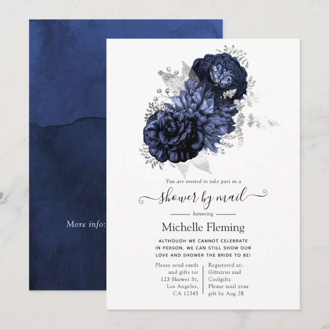 Navy Blue and Silver Floral Shower by Mail Invitation (Front/Back)