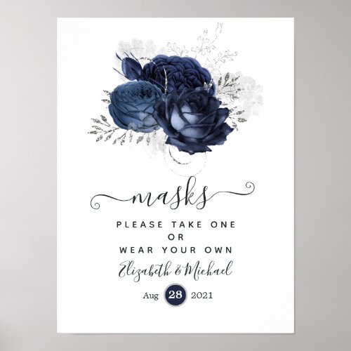Navy Blue and Silver Floral Wedding Face Masks Poster