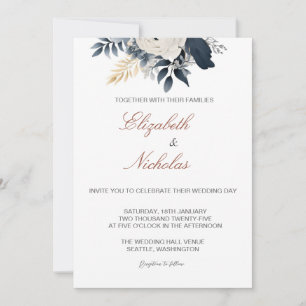 Navy Blue and Silver Floral Wedding Invitation