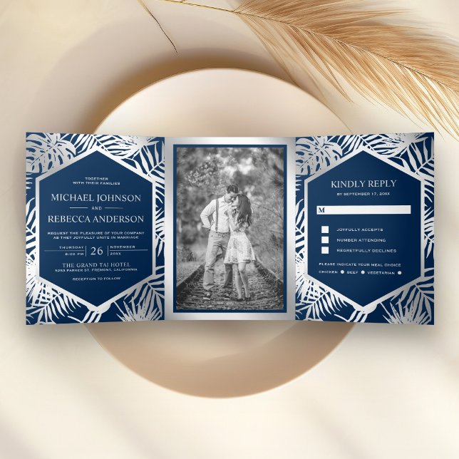 Navy Blue and Silver Foil Tropical Palm Wedding Tri-Fold Invitation (Creator Uploaded)