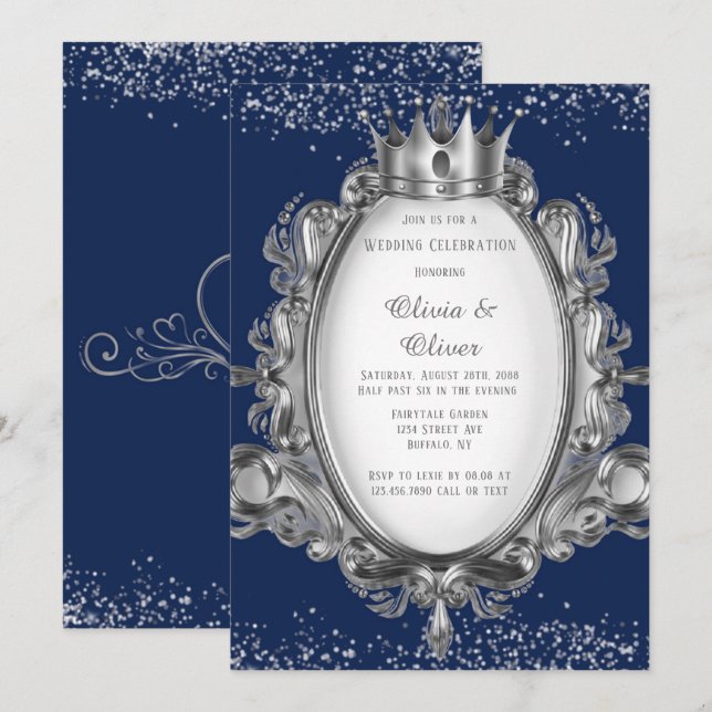 Navy Blue and Silver Frame Glitter Royal Wedding Invitation (Front/Back)