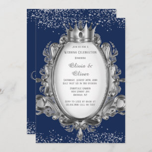 Navy Blue and Silver Frame Glitter Royal Wedding Invitation