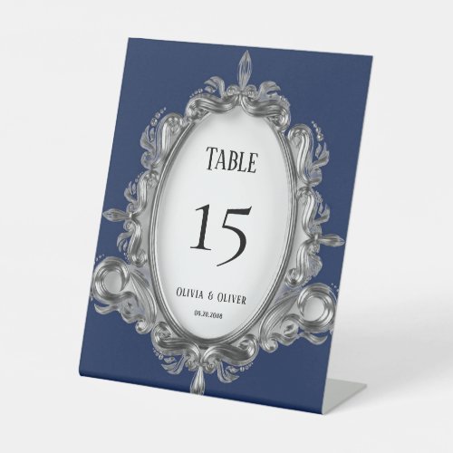 Navy Blue And Silver Frame Wedding Table Numbers Pedestal Sign