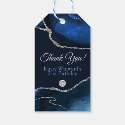 Navy Blue and Silver Glitter Agate Birthday Party Gift Tags