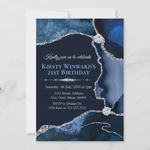 Navy Blue and Silver Glitter Agate Birthday Party Invitation
