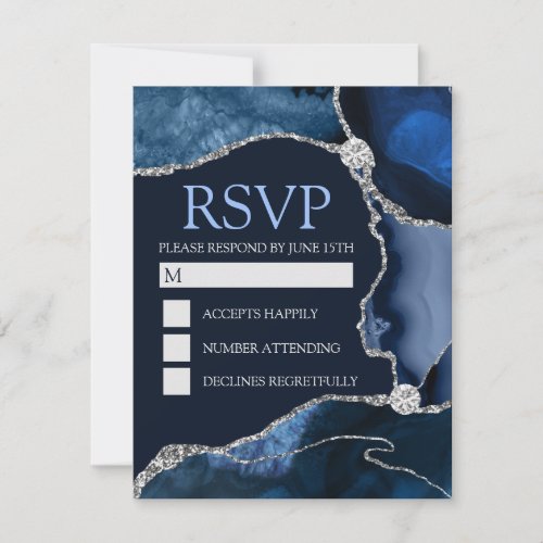 Navy Blue and Silver Glitter Agate Birthday Party RSVP Card