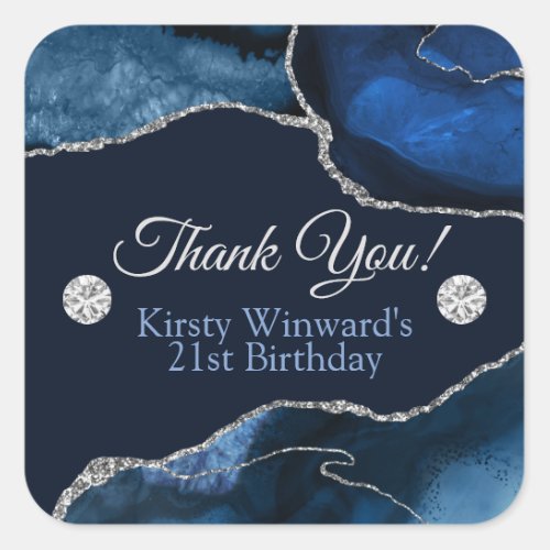 Navy Blue and Silver Glitter Agate Birthday Party Square Sticker