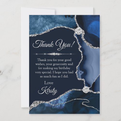 Navy Blue and Silver Glitter Agate Birthday Thank You Card