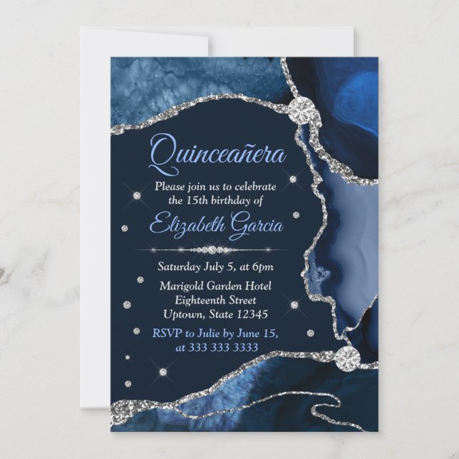 Navy Blue and Silver Glitter Agate Quinceanera Invitation (Front)