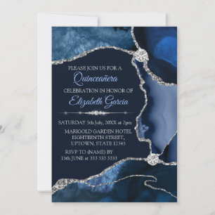 Navy Blue and Silver Glitter Agate Quinceanera Invitation