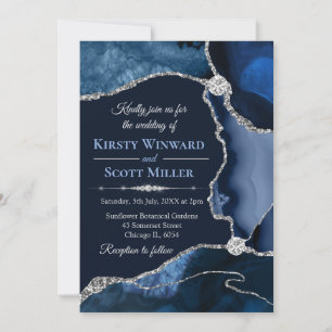 Navy Blue and Silver Glitter Agate Wedding Invitation