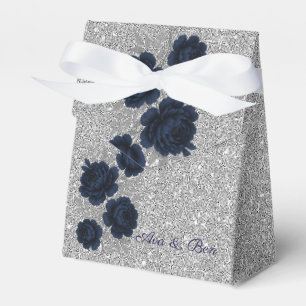 Navy Blue and Silver Glitter Leaves Wedding Favor Boxes