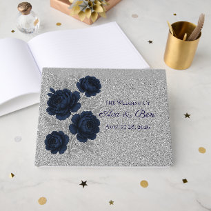 Navy Blue and Silver Glitter Leaves Wedding Guest Book