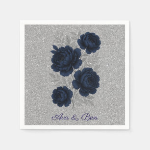 Navy Blue and Silver Glitter Leaves Wedding Napkins