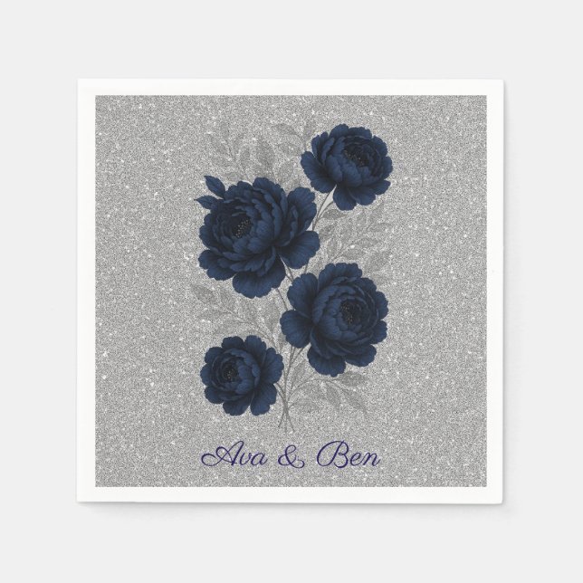Navy Blue and Silver Glitter Leaves Wedding Napkins (Front)
