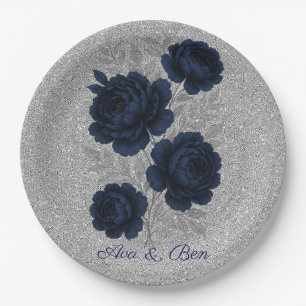 Navy Blue and Silver Glitter Leaves Wedding Paper Plates