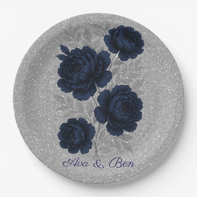 Navy Blue and Silver Glitter Leaves Wedding Paper Plates (Front)