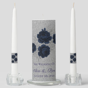 Navy Blue and Silver Glitter Leaves Wedding Unity Candle Set