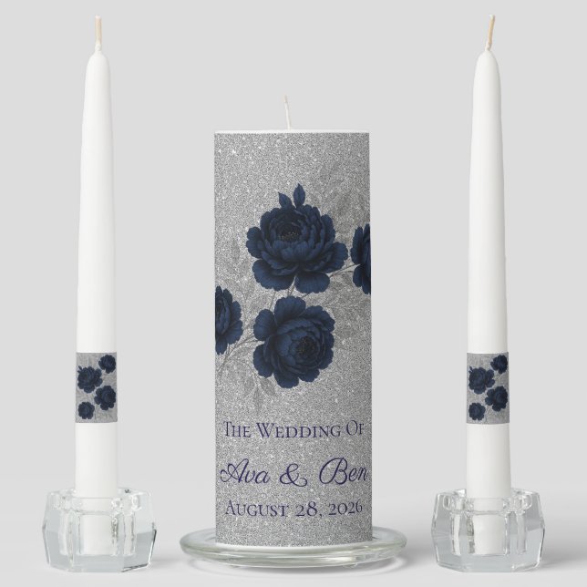 Navy Blue and Silver Glitter Leaves Wedding Unity Candle Set (Front)