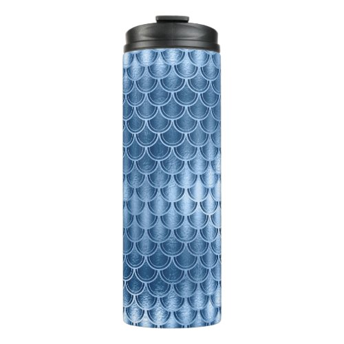 Navy Blue and Silver Glitter Mermaid Scale Pattern Thermal Tumbler