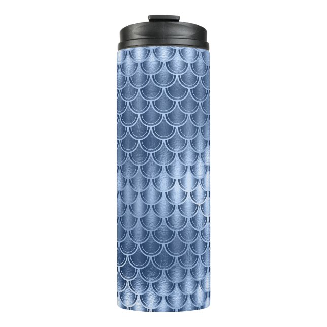 Navy Blue and Silver Glitter Mermaid Scale Pattern Thermal Tumbler (Front)
