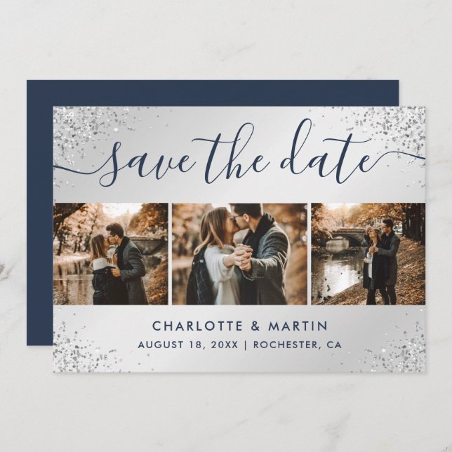 Navy Blue and Silver Glitter Photo Collage Wedding Save The Date (Front/Back)