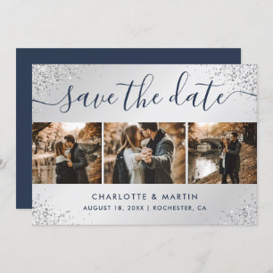 Navy Blue and Silver Glitter Photo Collage Wedding Save The Date