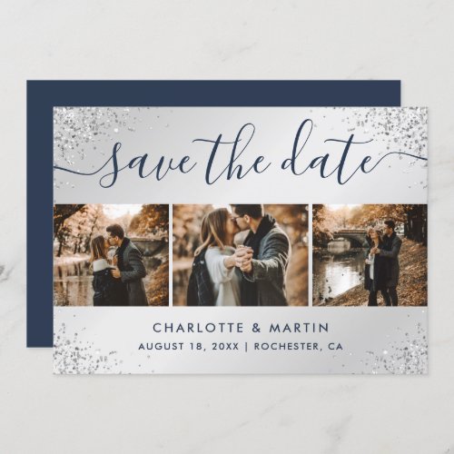 Navy Blue and Silver Glitter Photo Collage Wedding Save The Date