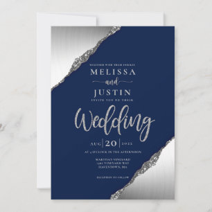 Navy Blue and Silver Glitter Wedding Invitation