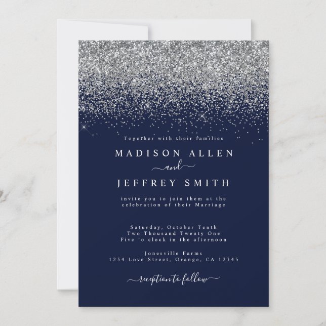 Navy Blue and Silver Glitter Wedding Invitation (Front)