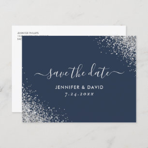Navy Blue and Silver Glitter Wedding Save The Date Announcement Postcard
