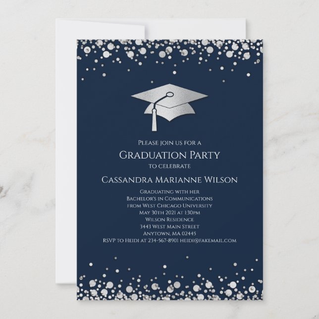 Navy Blue and Silver Graduation Invitation (Front)