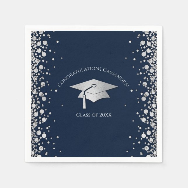 Navy Blue and Silver Graduation Napkins (Front)