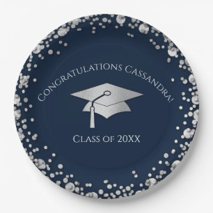 Navy Blue and Silver Graduation Paper Plates
