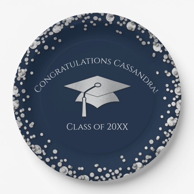 Navy Blue and Silver Graduation Paper Plates (Front)