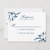 Navy Blue and Silver Gray Flourish Response Card