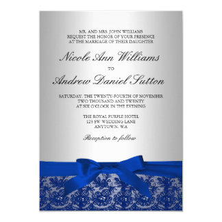 Navy Blue and Silver Lace Wedding Invitation