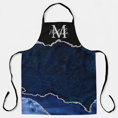Navy Blue and Silver Marble Agate Apron