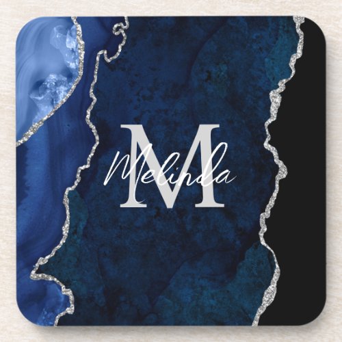 Navy Blue and Silver Marble Agate Beverage Coaster