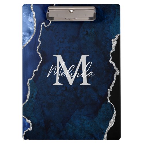 Navy Blue and Silver Marble Agate Clipboard