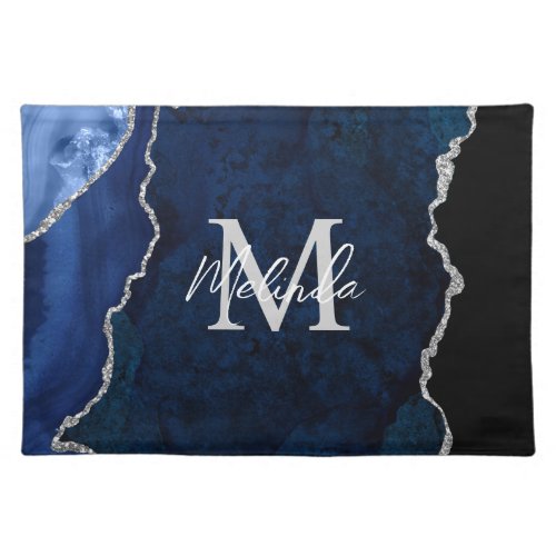 Navy Blue and Silver Marble Agate Cloth Placemat