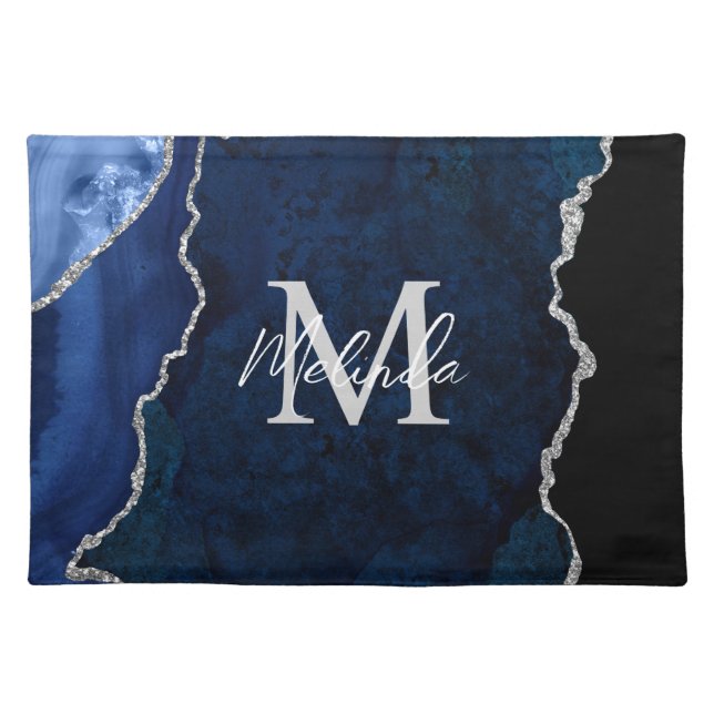 Navy Blue and Silver Marble Agate Cloth Placemat (Front)