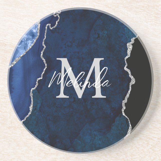 Navy Blue and Silver Marble Agate Coaster (Front)