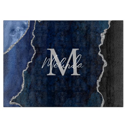Navy Blue and Silver Marble Agate Cutting Board