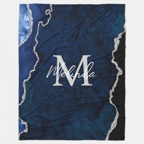 Navy Blue and Silver Marble Agate Fleece Blanket