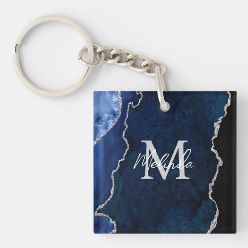 Navy Blue and Silver Marble Agate Keychain