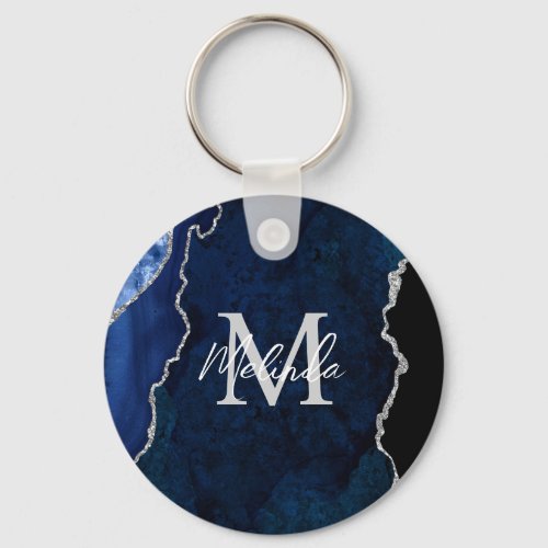 Navy Blue and Silver Marble Agate Keychain