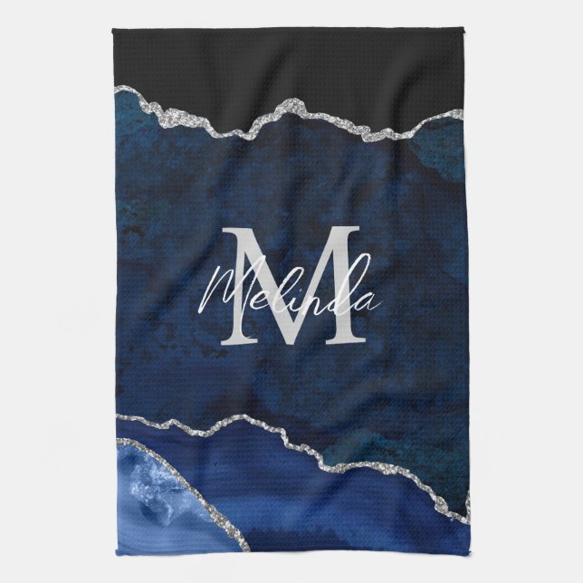 Navy Blue and Silver Marble Agate Kitchen Towel (Vertical)